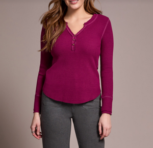 Waffle Button Henley Top - Plumwine (Tribal)