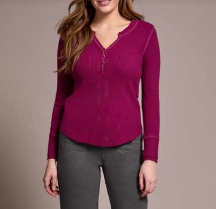 Waffle Button Henley Top - Plumwine (Tribal)