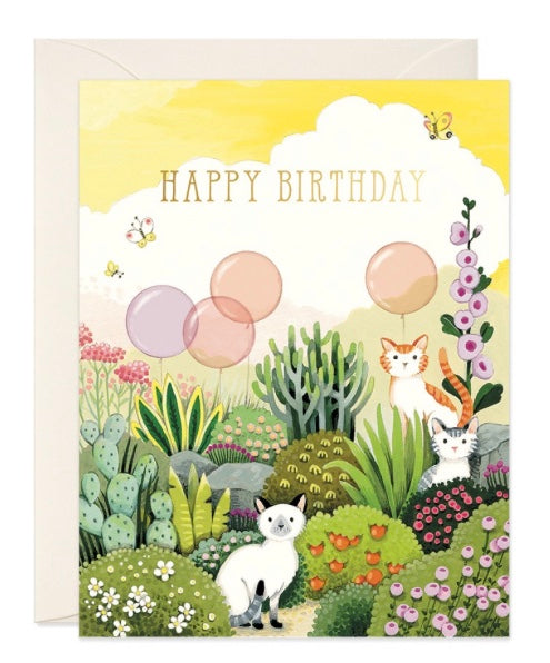 Cats in Garden Birthday Card