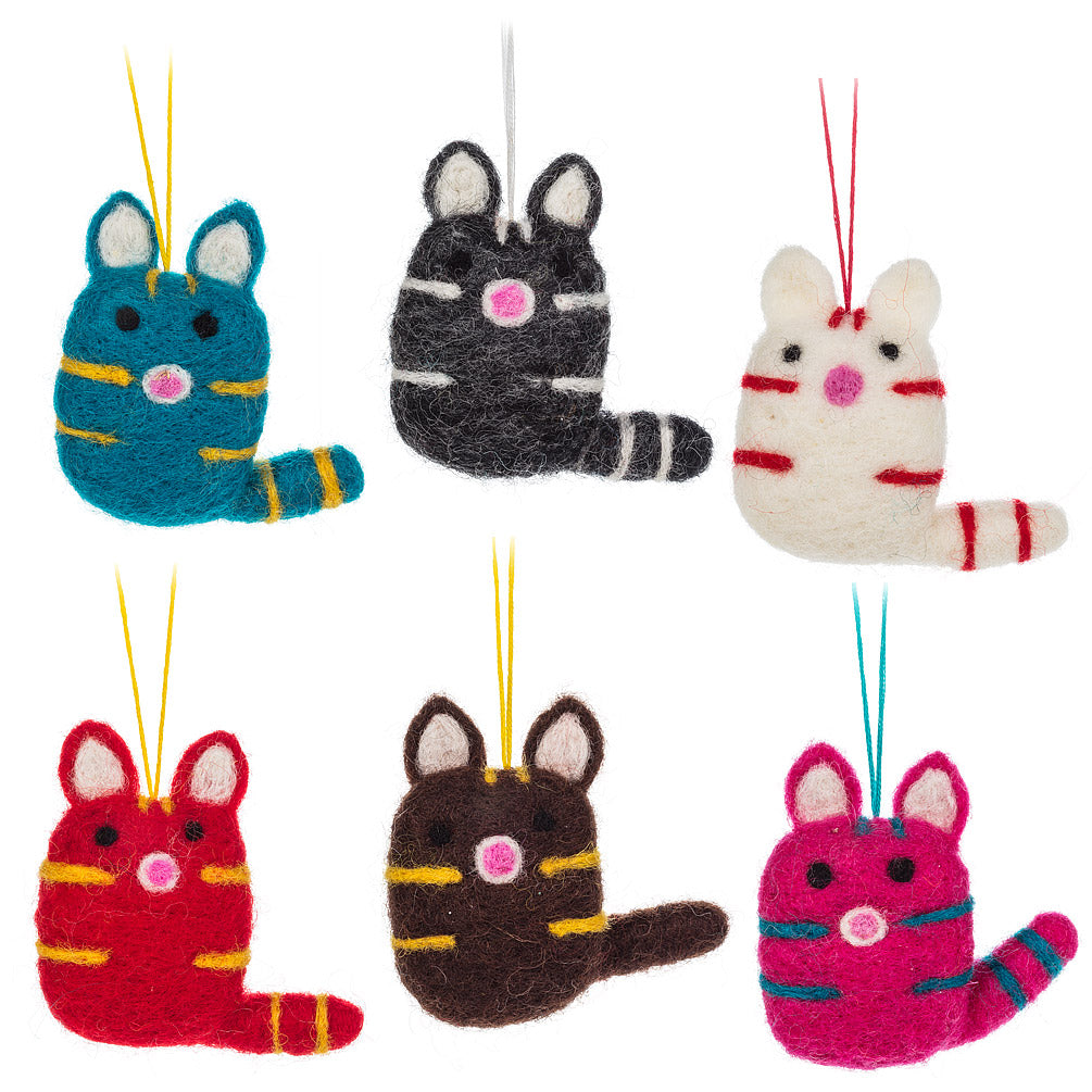Fair Trade Wool Cat Ornaments - 6 asst
