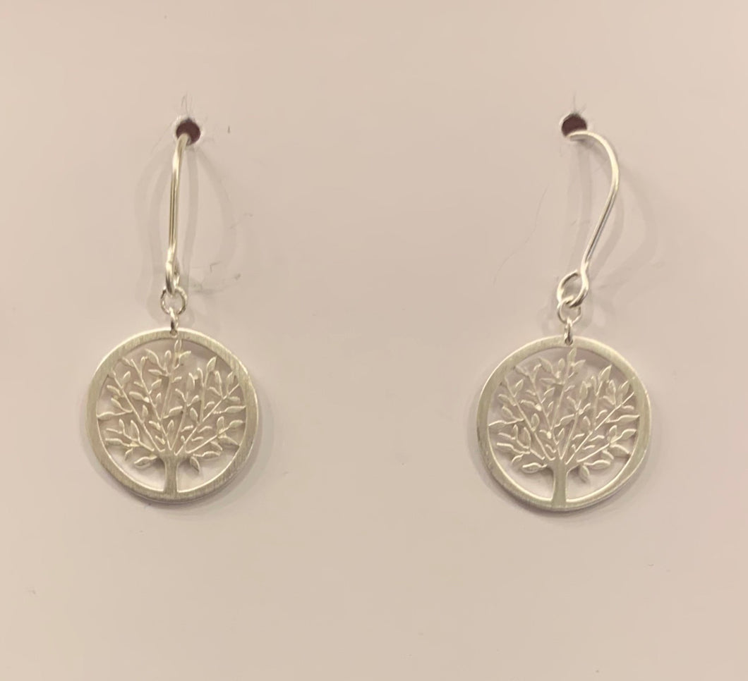 Tree of Life Circle Brushed Earrings - Sterling Silver